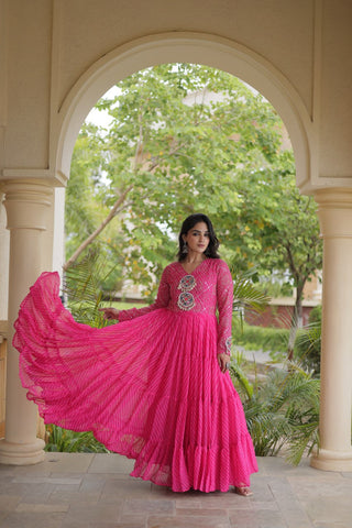 Pink Patchwork Laheriya Print Gown ClothsVilla