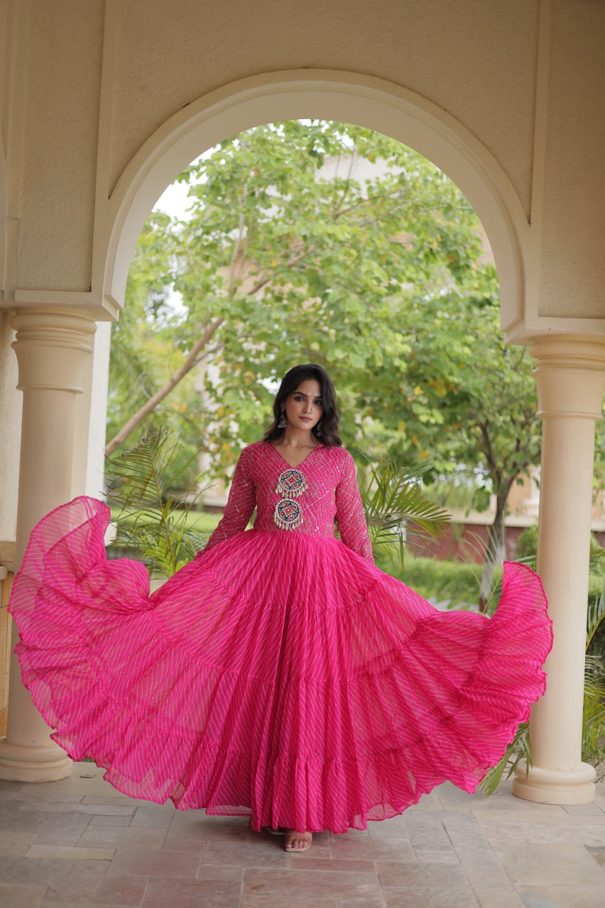 Pink Patchwork Laheriya Print Gown ClothsVilla