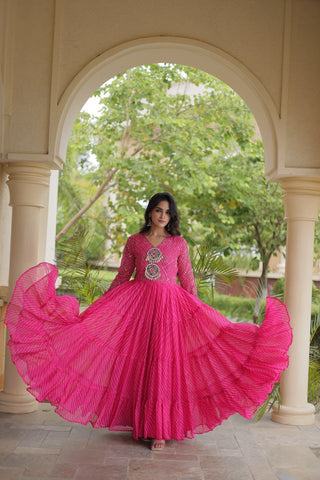 Pink Patchwork Laheriya Print Gown ClothsVilla