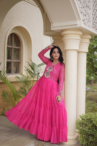 Pink Patchwork Laheriya Print Gown ClothsVilla