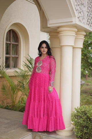 Pink Patchwork Laheriya Print Gown ClothsVilla