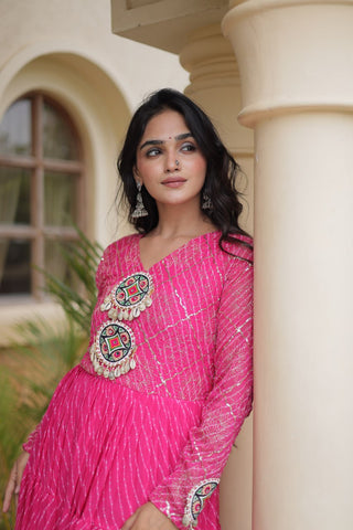 Pink Patchwork Laheriya Print Gown ClothsVilla