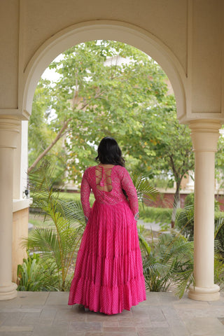 Pink Patchwork Laheriya Print Gown ClothsVilla