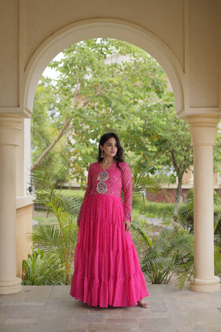 Pink Patchwork Laheriya Print Gown ClothsVilla