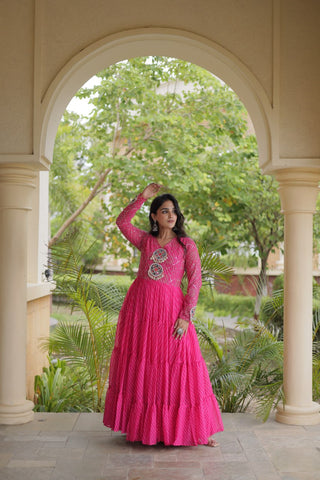 Pink Patchwork Laheriya Print Gown ClothsVilla