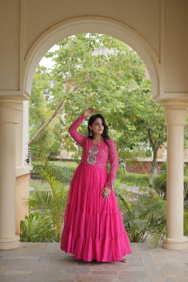 Pink Patchwork Laheriya Print Gown ClothsVilla