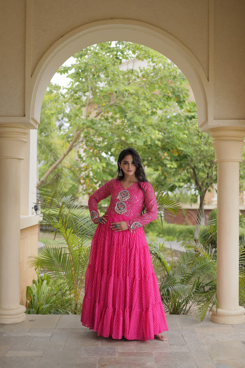 Pink Patchwork Laheriya Print Gown ClothsVilla Main image