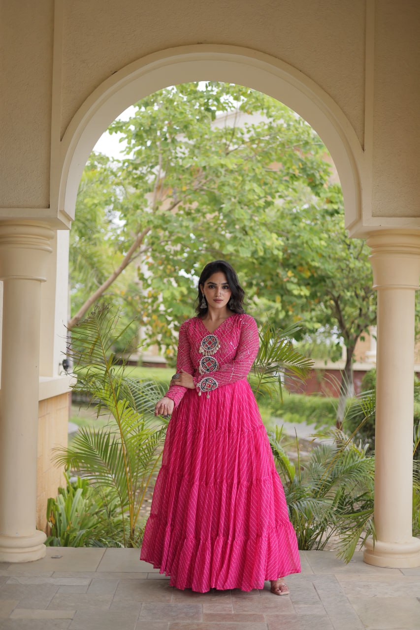 Pink Patchwork Laheriya Print Gown ClothsVilla