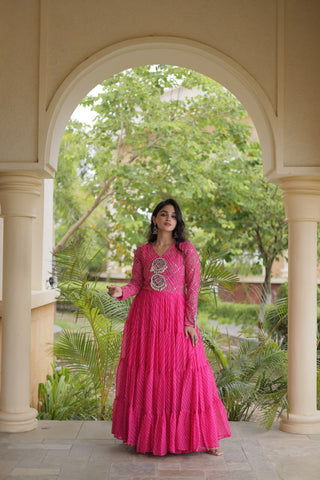 Pink Patchwork Laheriya Print Gown ClothsVilla