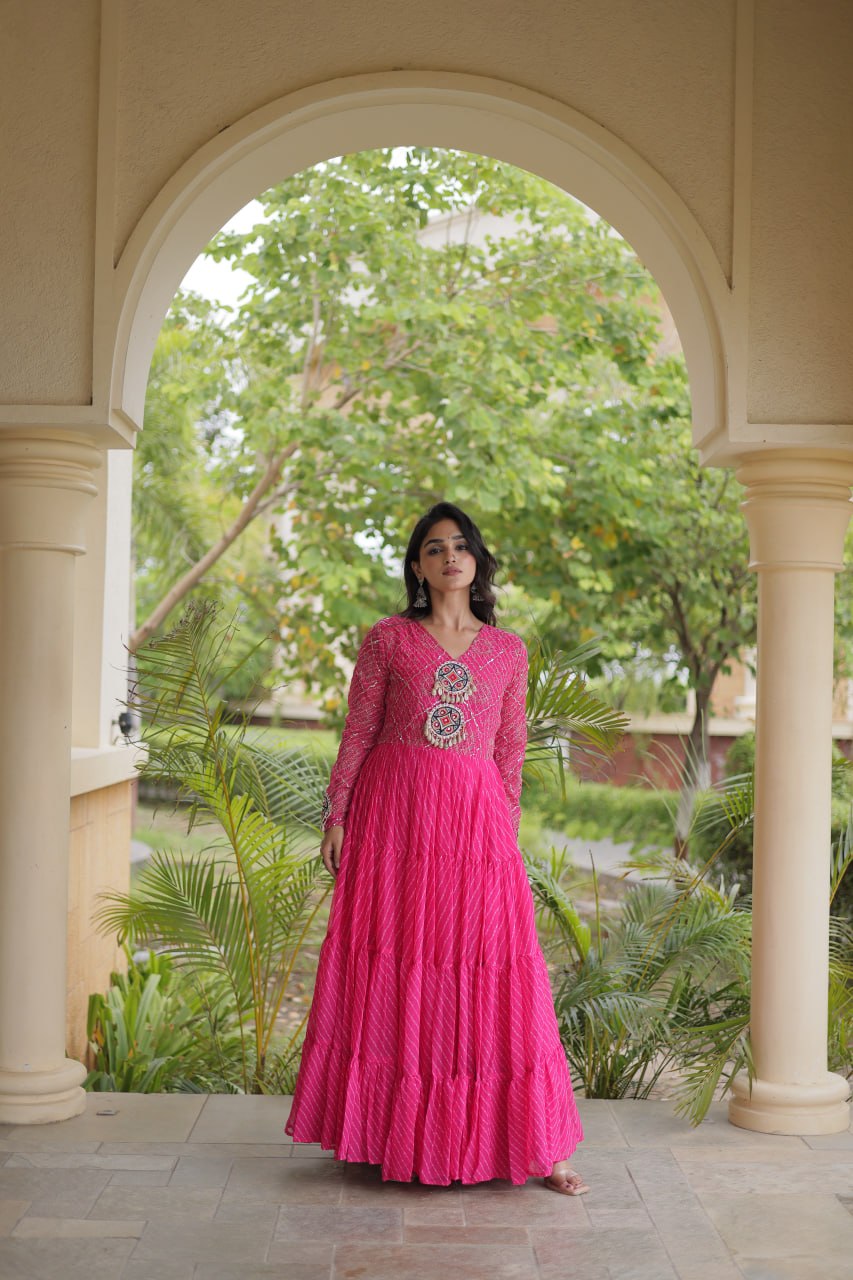 Pink Patchwork Laheriya Print Gown ClothsVilla
