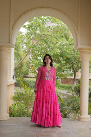 Pink Patchwork Laheriya Print Gown ClothsVilla