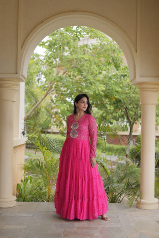 Pink Patchwork Laheriya Print Gown ClothsVilla