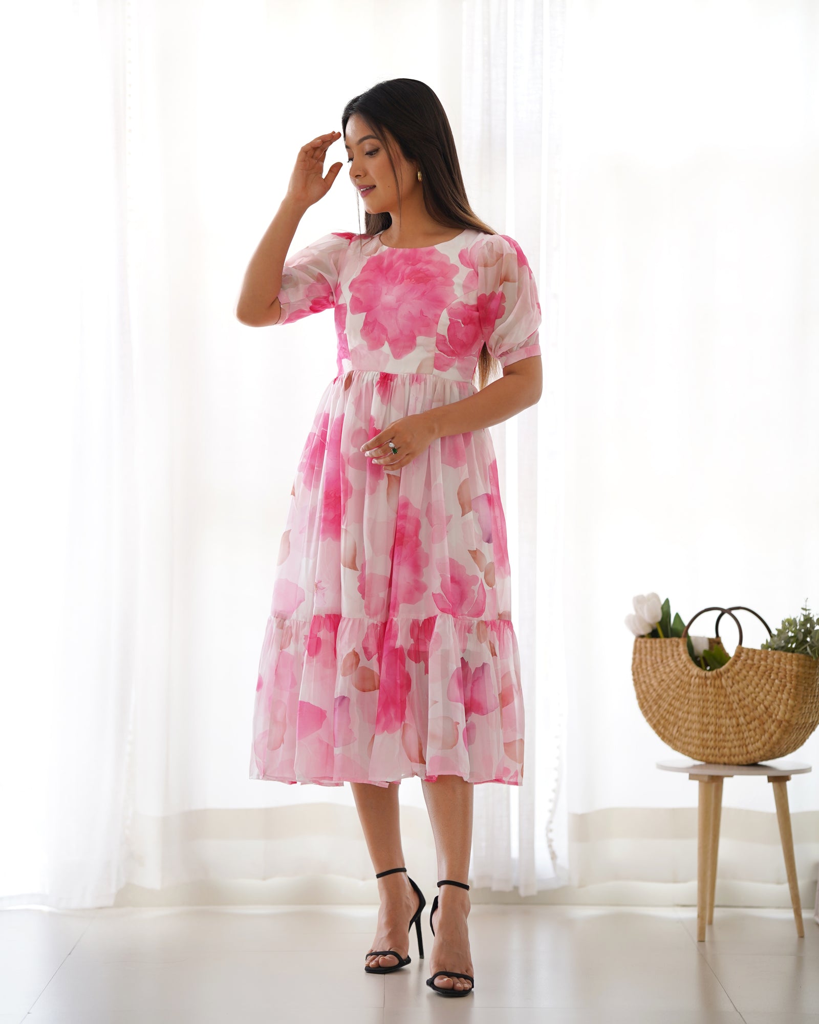 Pink Patented Summer Special Pure Organza Silk Floral One-Piece Dress – Fully Stitched & Ready to Wear