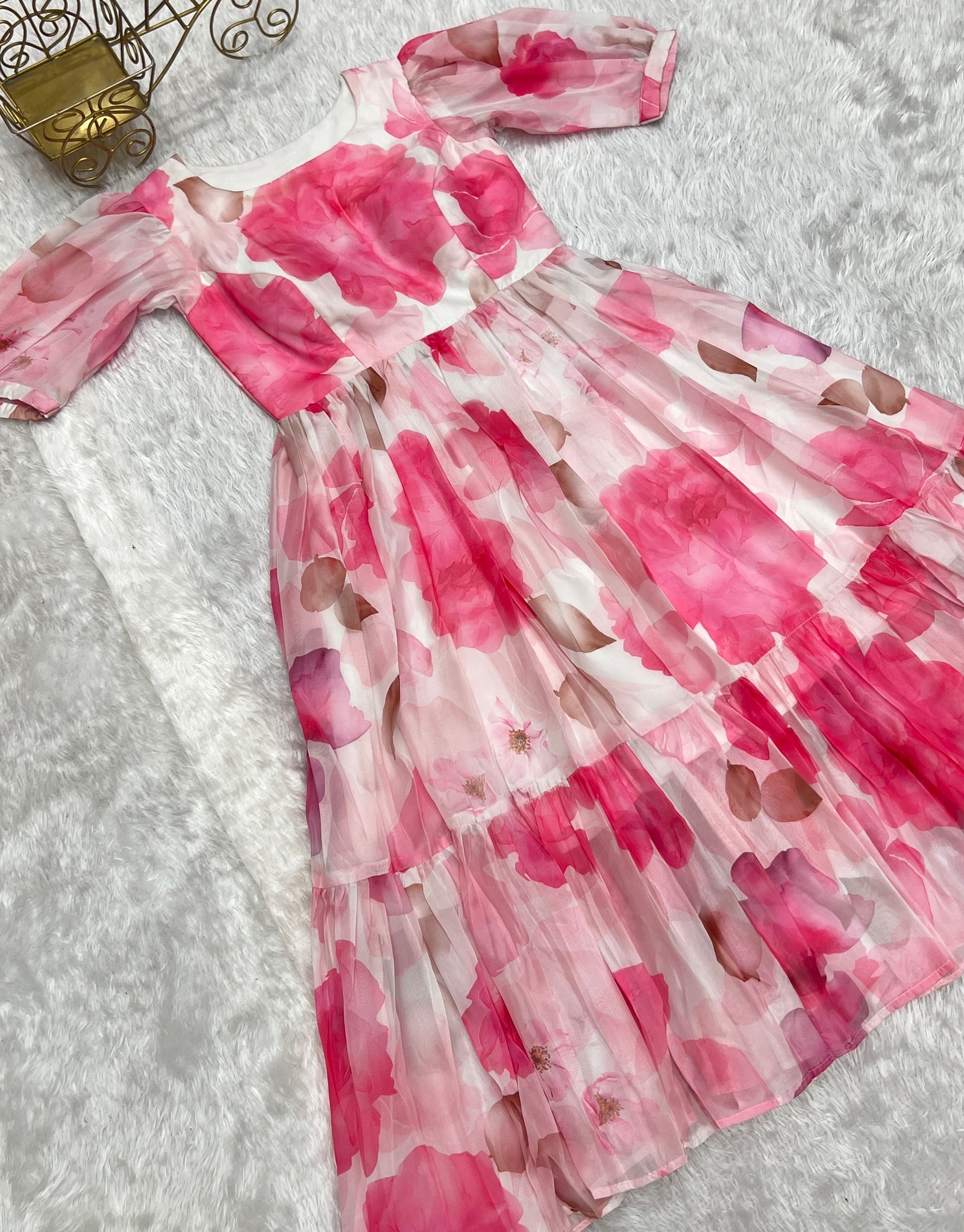 Pink Patented Summer Special Pure Organza Silk Floral One-Piece Dress – Fully Stitched & Ready to Wear