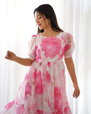 Pink Patented Summer Special Pure Organza Silk Floral One-Piece Dress – Fully Stitched & Ready to Wear
