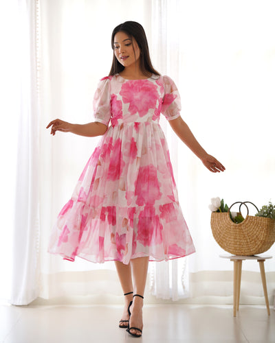 Pink Patented Summer Special Pure Organza Silk Floral One-Piece Dress – Fully Stitched & Ready to Wear