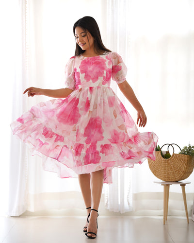Pink Patented Summer Special Pure Organza Silk Floral One-Piece Dress – Fully Stitched & Ready to Wear