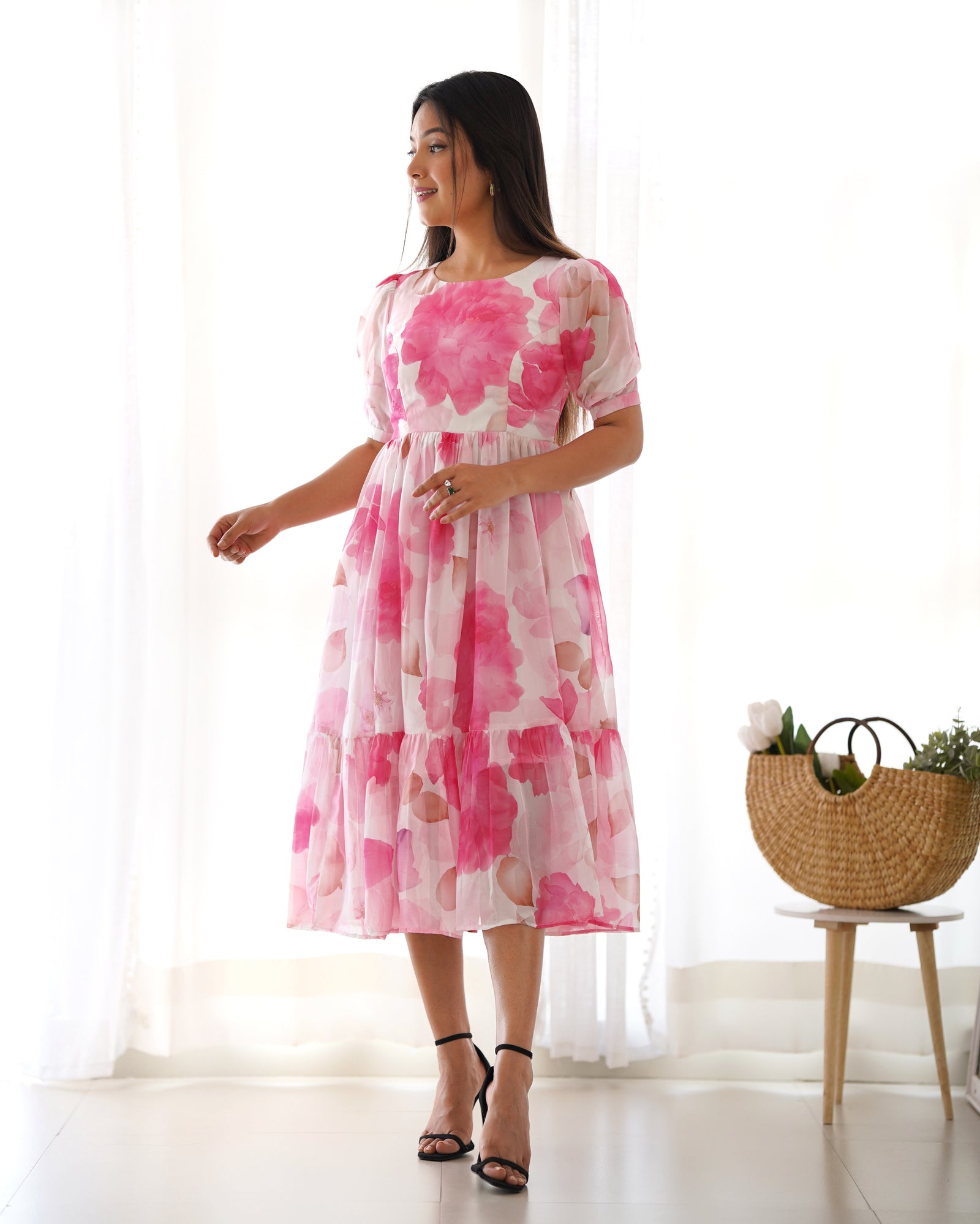 Pink Patented Summer Special Pure Organza Silk Floral One-Piece Dress – Fully Stitched & Ready to Wear