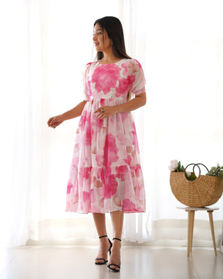 Pink Patented Summer Special Pure Organza Silk Floral One-Piece Dress – Fully Stitched & Ready to Wear