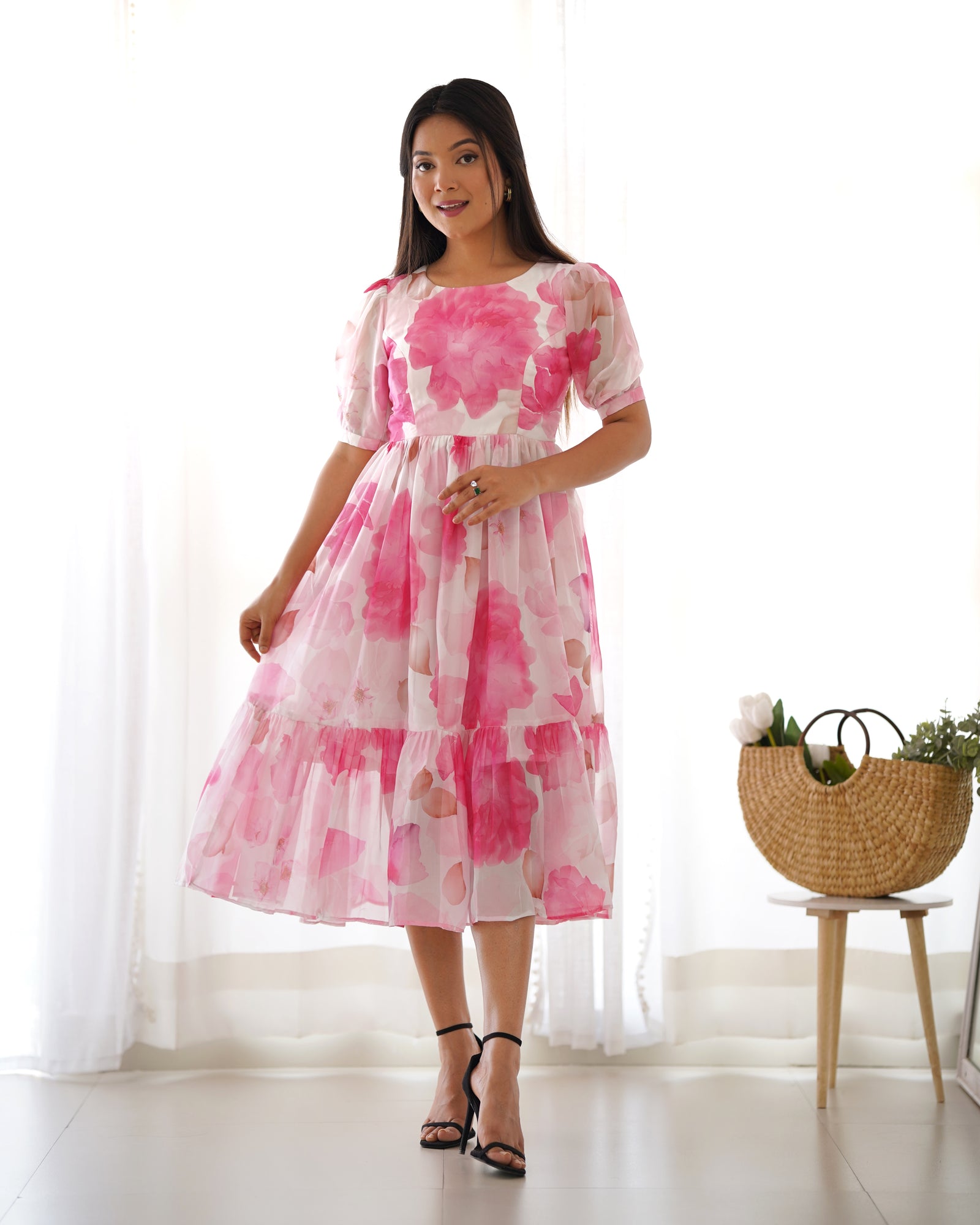 Pink Patented Summer Special Pure Organza Silk Floral One-Piece Dress – Fully Stitched & Ready to Wear