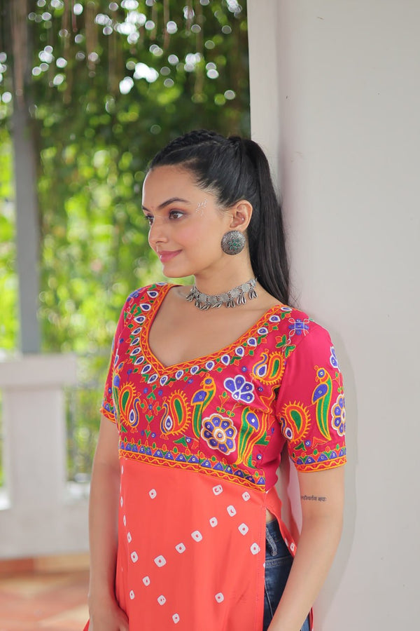 Pink & Peach shade Navratri Special Printed Rayon Kurti with Kutchi Gamthi Embroidery & Pan Neck ClothsVilla