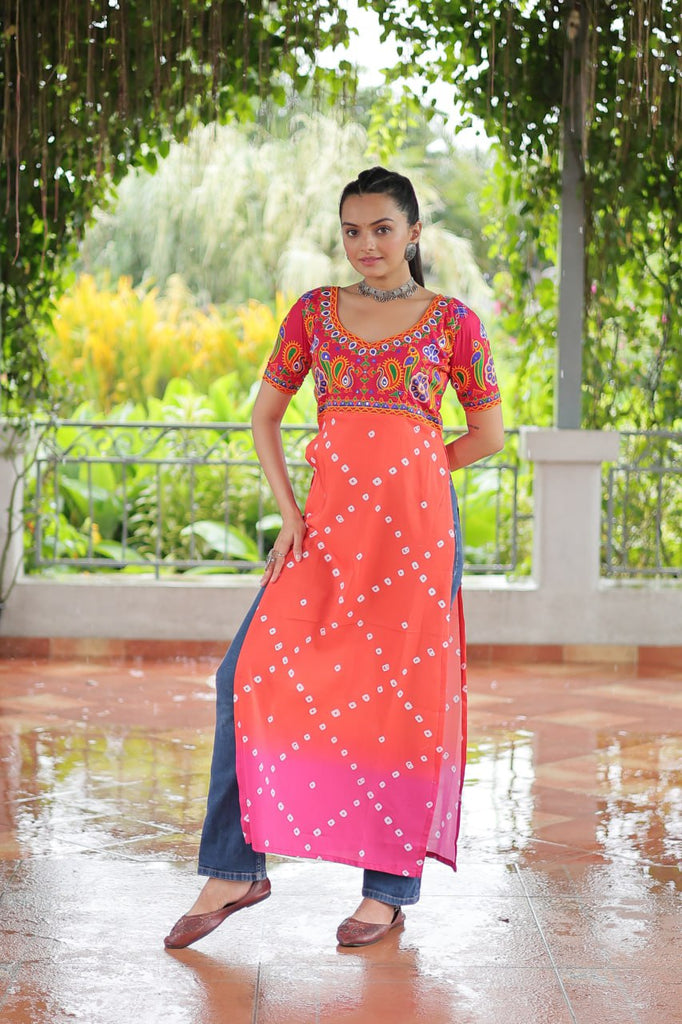 Pink & Peach shade Navratri Special Printed Rayon Kurti with Kutchi Gamthi Embroidery & Pan Neck ClothsVilla