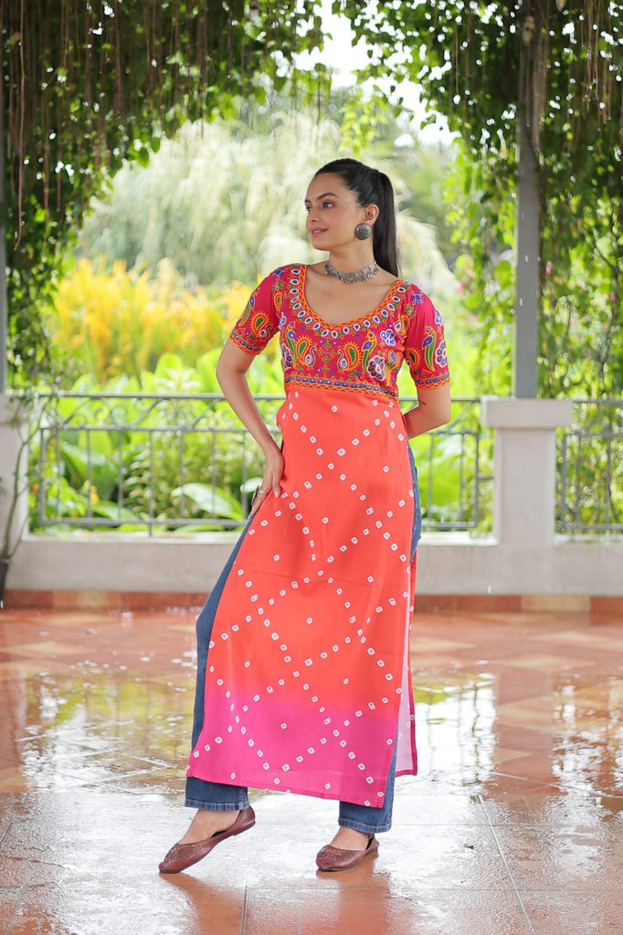 Pink & Peach shade Navratri Special Printed Rayon Kurti with Kutchi Gamthi Embroidery & Pan Neck ClothsVilla