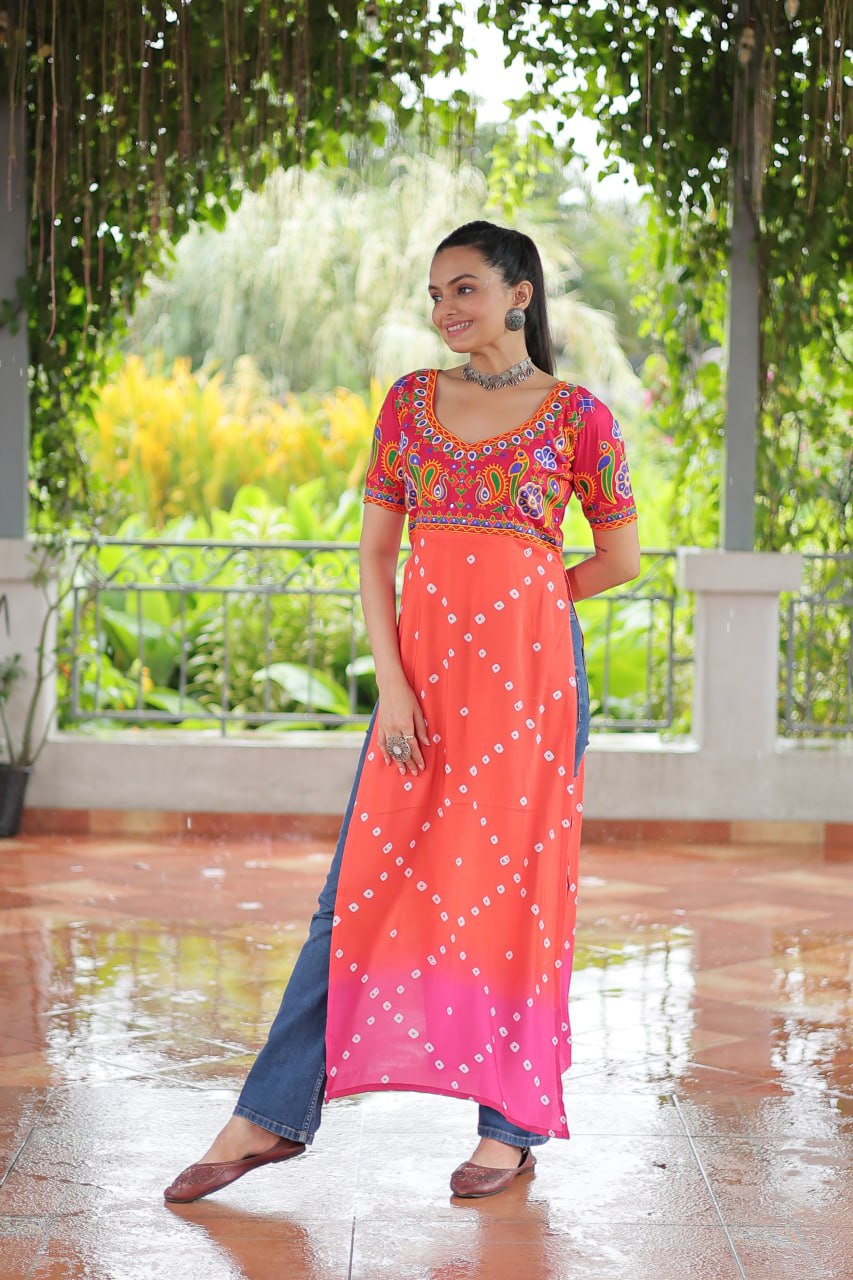 Pink & Peach shade Navratri Special Printed Rayon Kurti with Kutchi Gamthi Embroidery & Pan Neck ClothsVilla