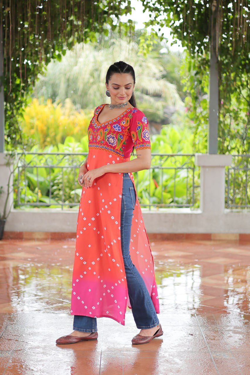 Pink & Peach shade Navratri Special Printed Rayon Kurti with Kutchi Gamthi Embroidery & Pan Neck ClothsVilla