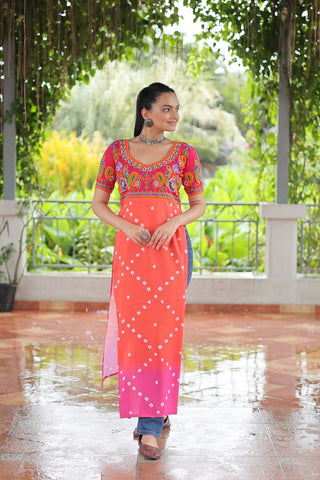 Pink & Peach shade Navratri Special Printed Rayon Kurti with Kutchi Gamthi Embroidery & Pan Neck ClothsVilla