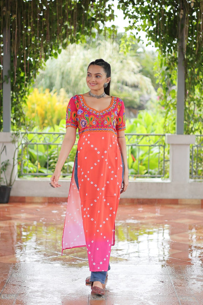 Pink & Peach shade Navratri Special Printed Rayon Kurti with Kutchi Gamthi Embroidery & Pan Neck ClothsVilla