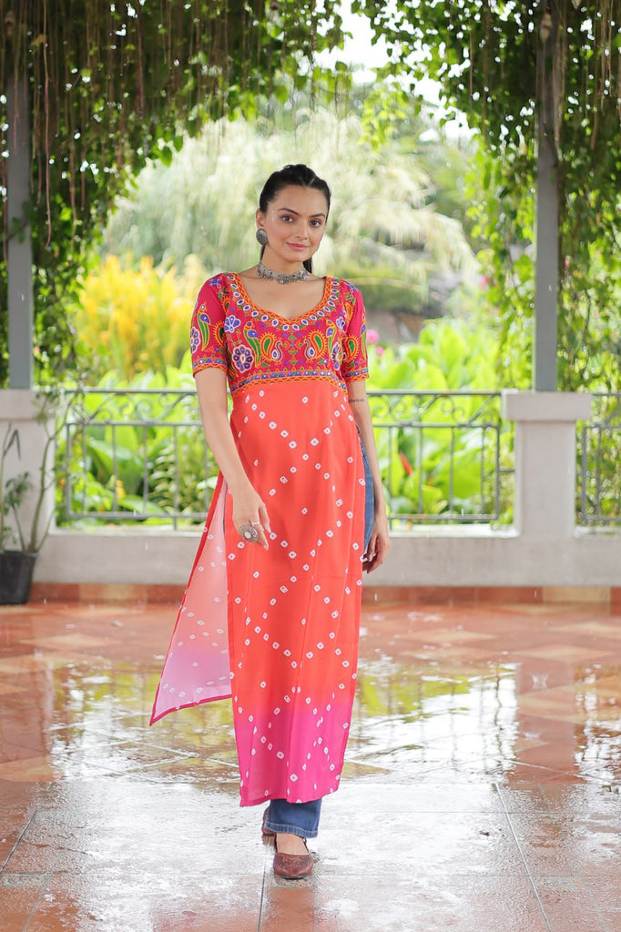 Pink & Peach shade Navratri Special Printed Rayon Kurti with Kutchi Gamthi Embroidery & Pan Neck ClothsVilla