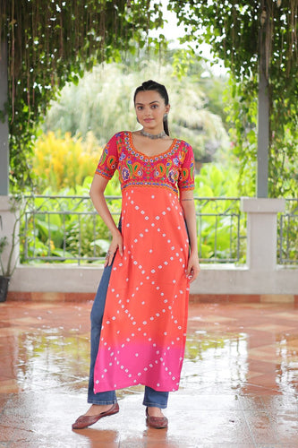 Pink & Peach shade Navratri Special Printed Rayon Kurti with Kutchi Gamthi Embroidery & Pan Neck ClothsVilla
