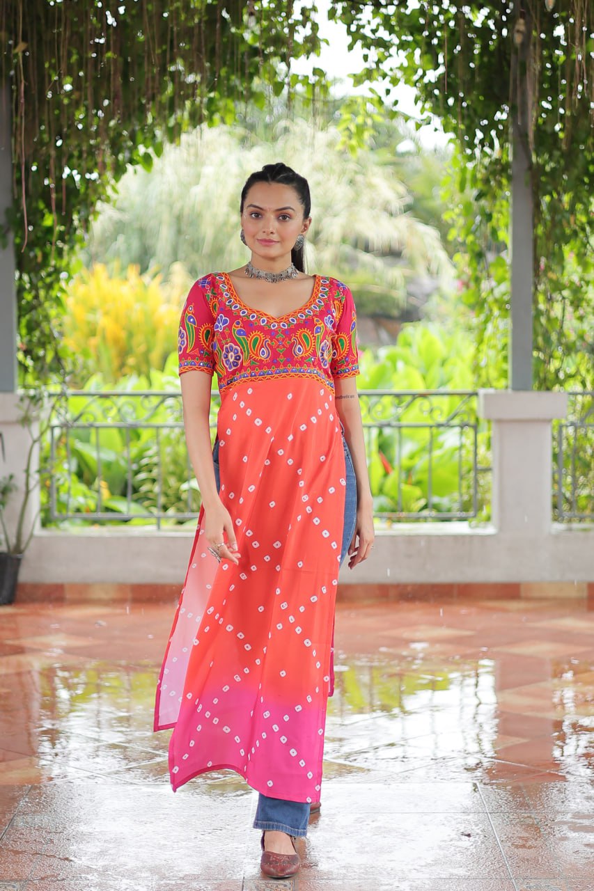 Pink & Peach shade Navratri Special Printed Rayon Kurti with Kutchi Gamthi Embroidery & Pan Neck ClothsVilla