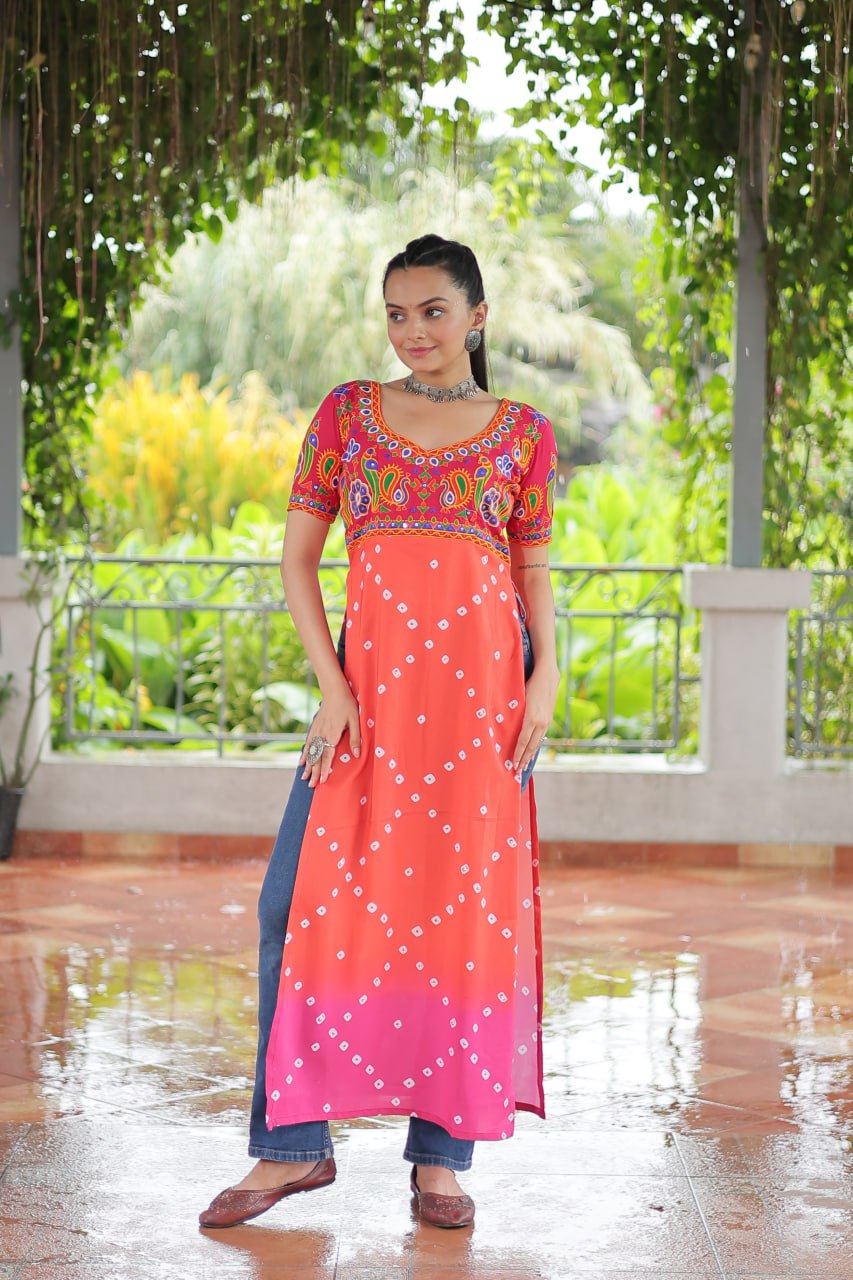 Pink & Peach shade Navratri Special Printed Rayon Kurti with Kutchi Gamthi Embroidery & Pan Neck ClothsVilla