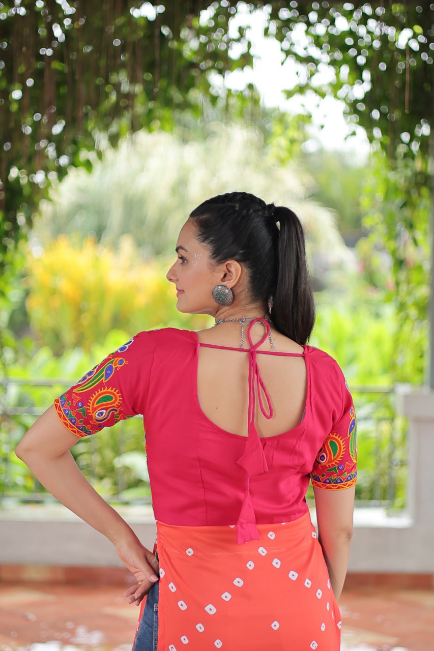 Pink & Peach shade Navratri Special Printed Rayon Kurti with Kutchi Gamthi Embroidery & Pan Neck ClothsVilla