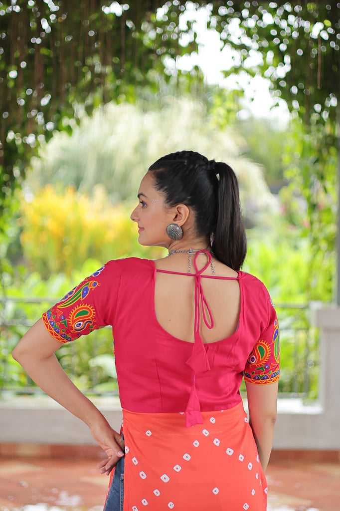 Pink & Peach shade Navratri Special Printed Rayon Kurti with Kutchi Gamthi Embroidery & Pan Neck ClothsVilla