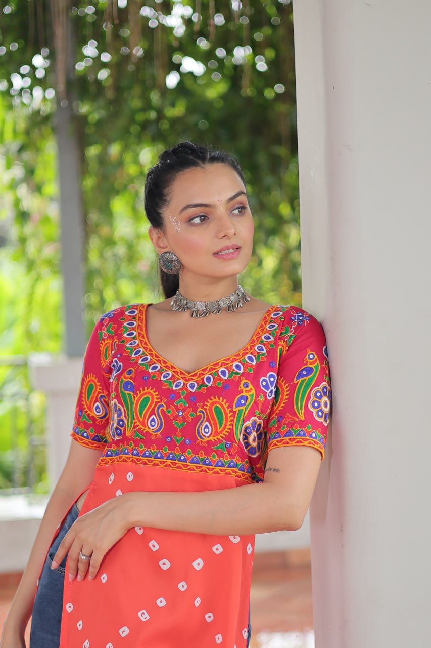 Pink & Peach shade Navratri Special Printed Rayon Kurti with Kutchi Gamthi Embroidery & Pan Neck ClothsVilla