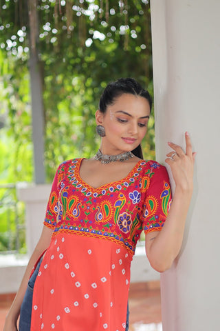 Pink & Peach shade Navratri Special Printed Rayon Kurti with Kutchi Gamthi Embroidery & Pan Neck ClothsVilla