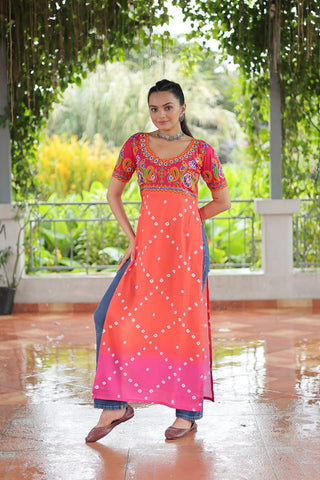 Pink & Peach shade Navratri Special Printed Rayon Kurti with Kutchi Gamthi Embroidery & Pan Neck ClothsVilla