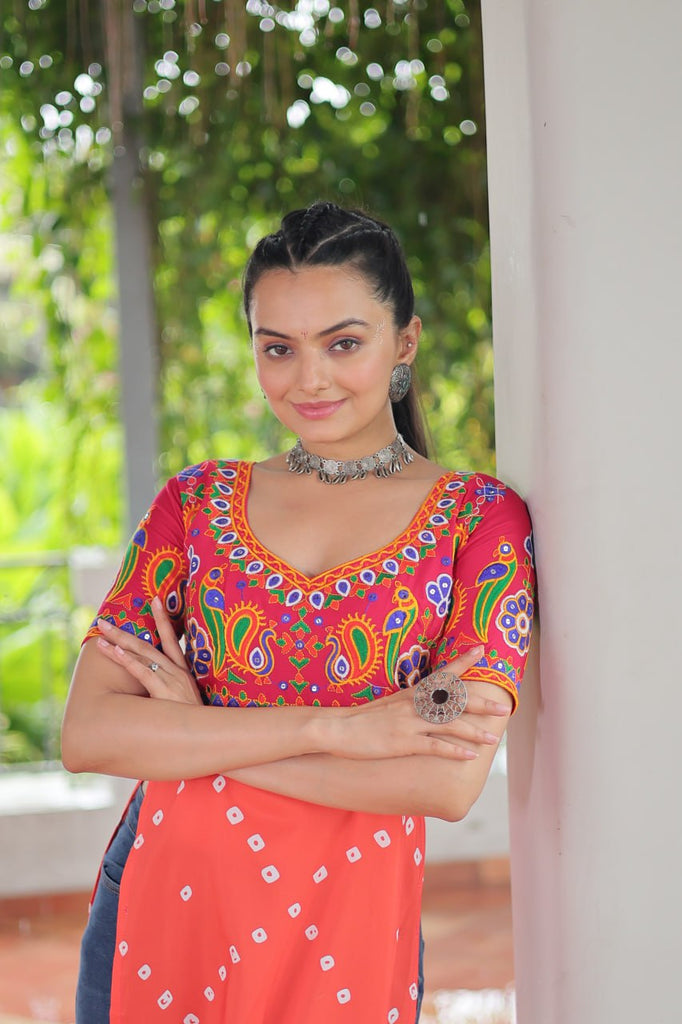 Pink & Peach shade Navratri Special Printed Rayon Kurti with Kutchi Gamthi Embroidery & Pan Neck ClothsVilla