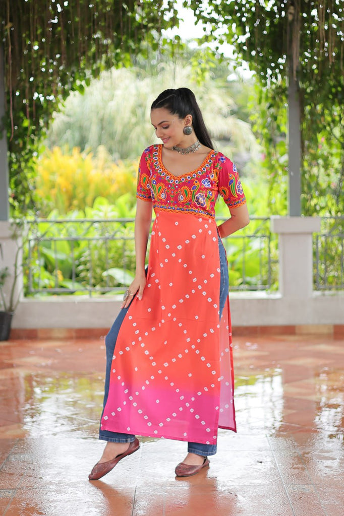 Pink & Peach shade Navratri Special Printed Rayon Kurti with Kutchi Gamthi Embroidery & Pan Neck ClothsVilla