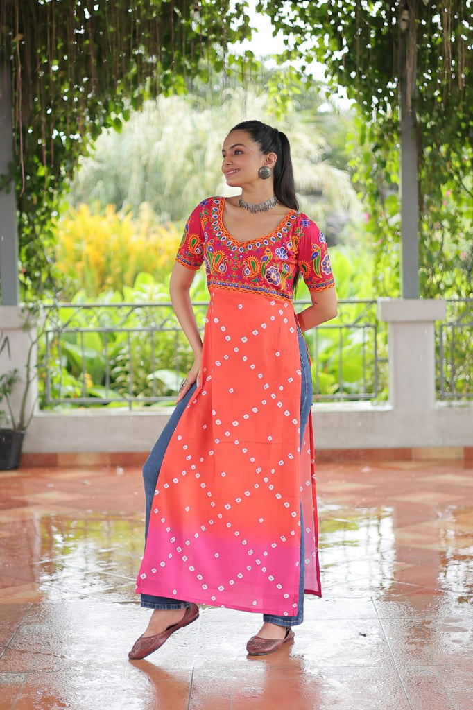 Pink & Peach shade Navratri Special Printed Rayon Kurti with Kutchi Gamthi Embroidery & Pan Neck ClothsVilla