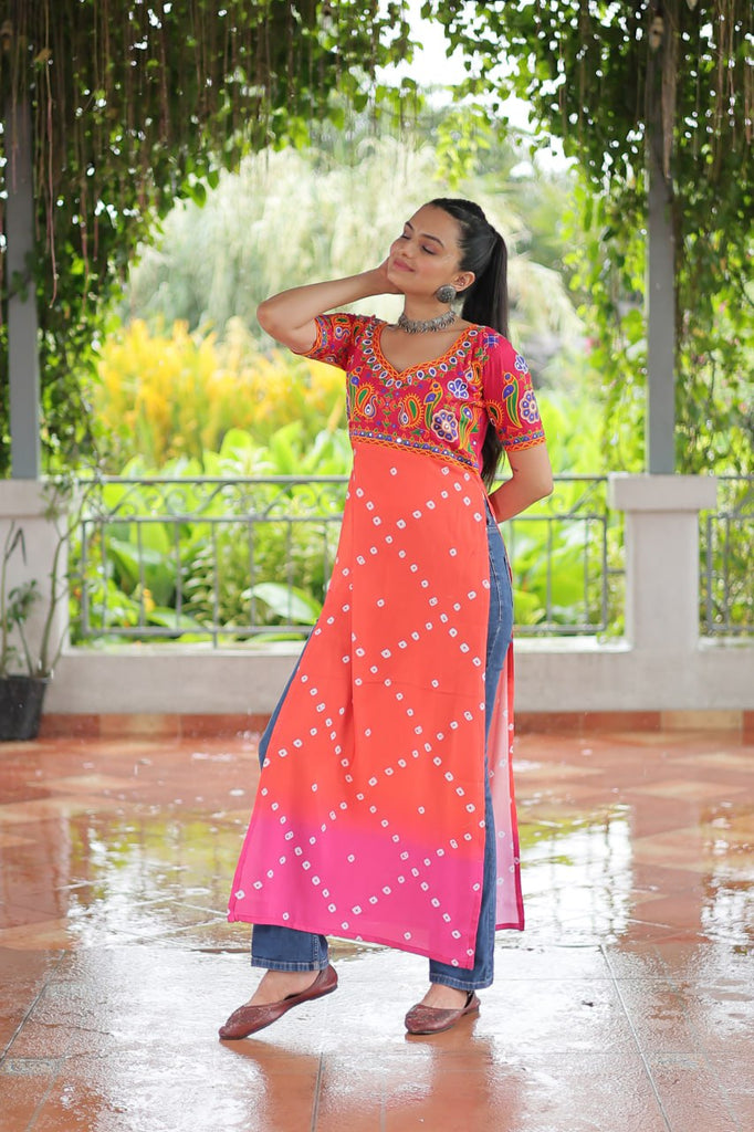 Pink & Peach shade Navratri Special Printed Rayon Kurti with Kutchi Gamthi Embroidery & Pan Neck ClothsVilla