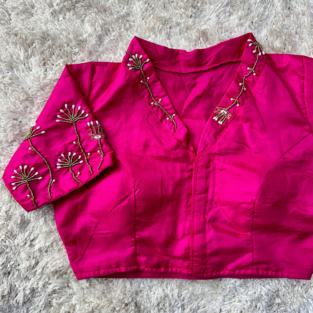 Pink Pista Silk Blouse with Handwork and Designer Handcrafted Collar ClothsVilla