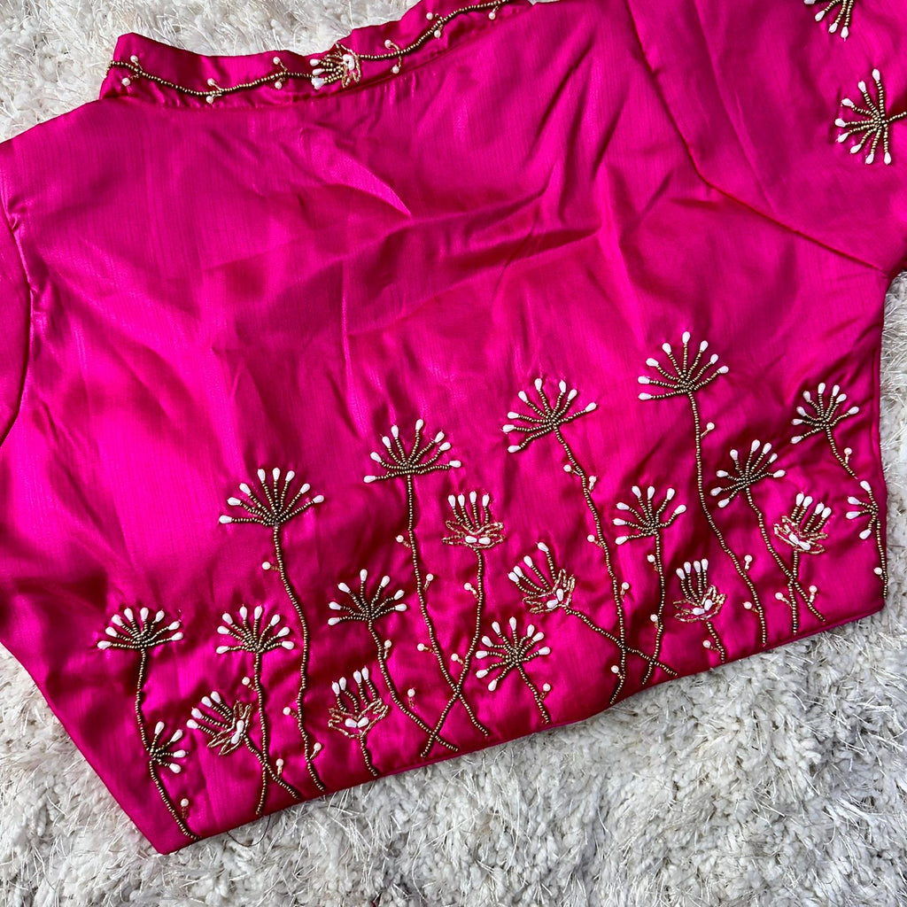 Pink Pista Silk Blouse with Handwork and Designer Handcrafted Collar ClothsVilla