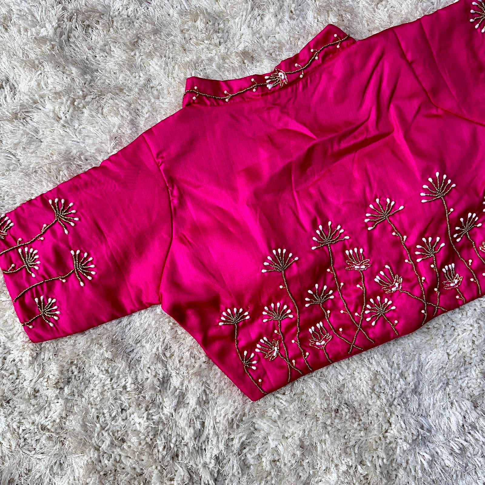Pink Pista Silk Blouse with Handwork and Designer Handcrafted Collar Secondary image