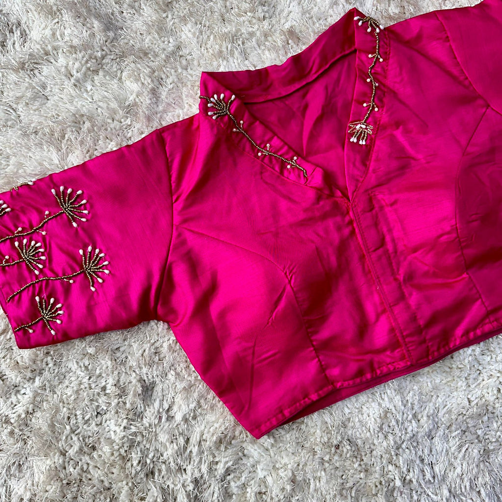 Pink Pista Silk Blouse with Handwork and Designer Handcrafted Collar ClothsVilla