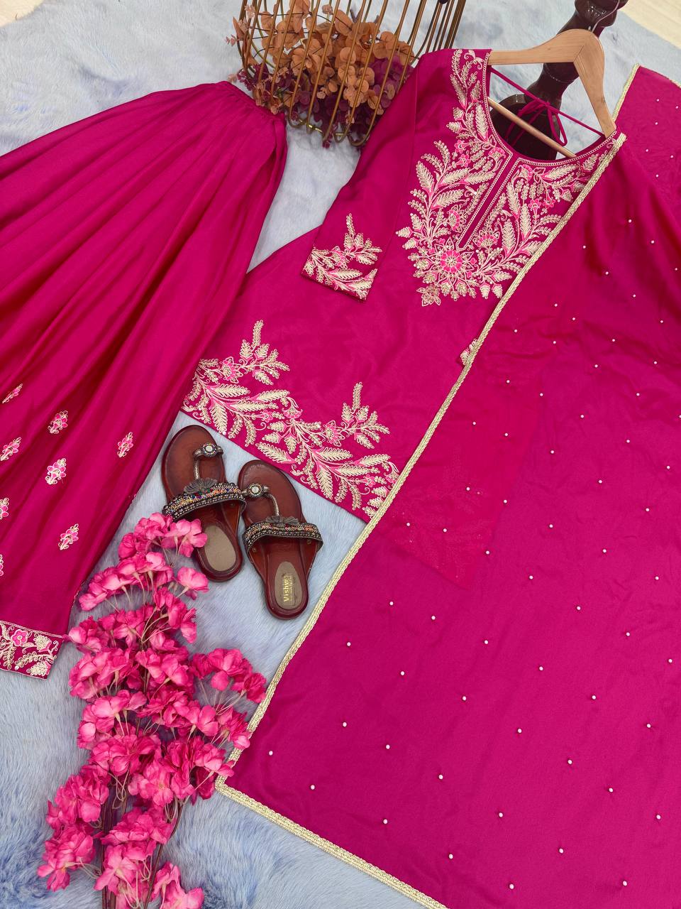 Pink Premium Designer Chinon Silk Party Wear Top, Plazzo & Dupatta Set