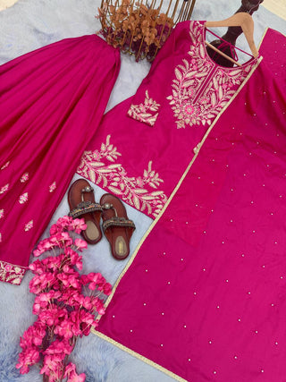 Pink Premium Designer Chinon Silk Party Wear Top, Plazzo & Dupatta Set